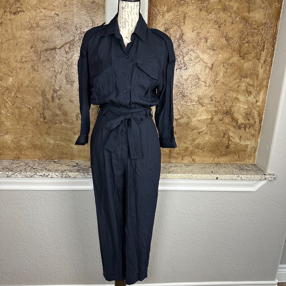 NWT Zara Jumpsuit Womens Small Belted Button Front Cropped Navy‎ Blue Military